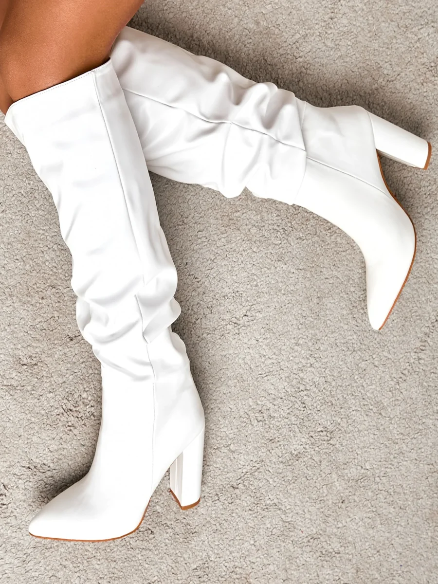 Stivali classici con zip laterale a punta tacco grosso altezza ginocchio - immagine 7