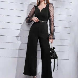 Tuta gamba larga tulle a pois manica svasata senza cintura