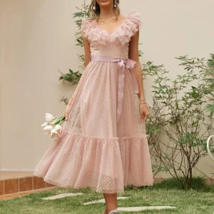 Abito con pois stratificato orlo con cintura mesh