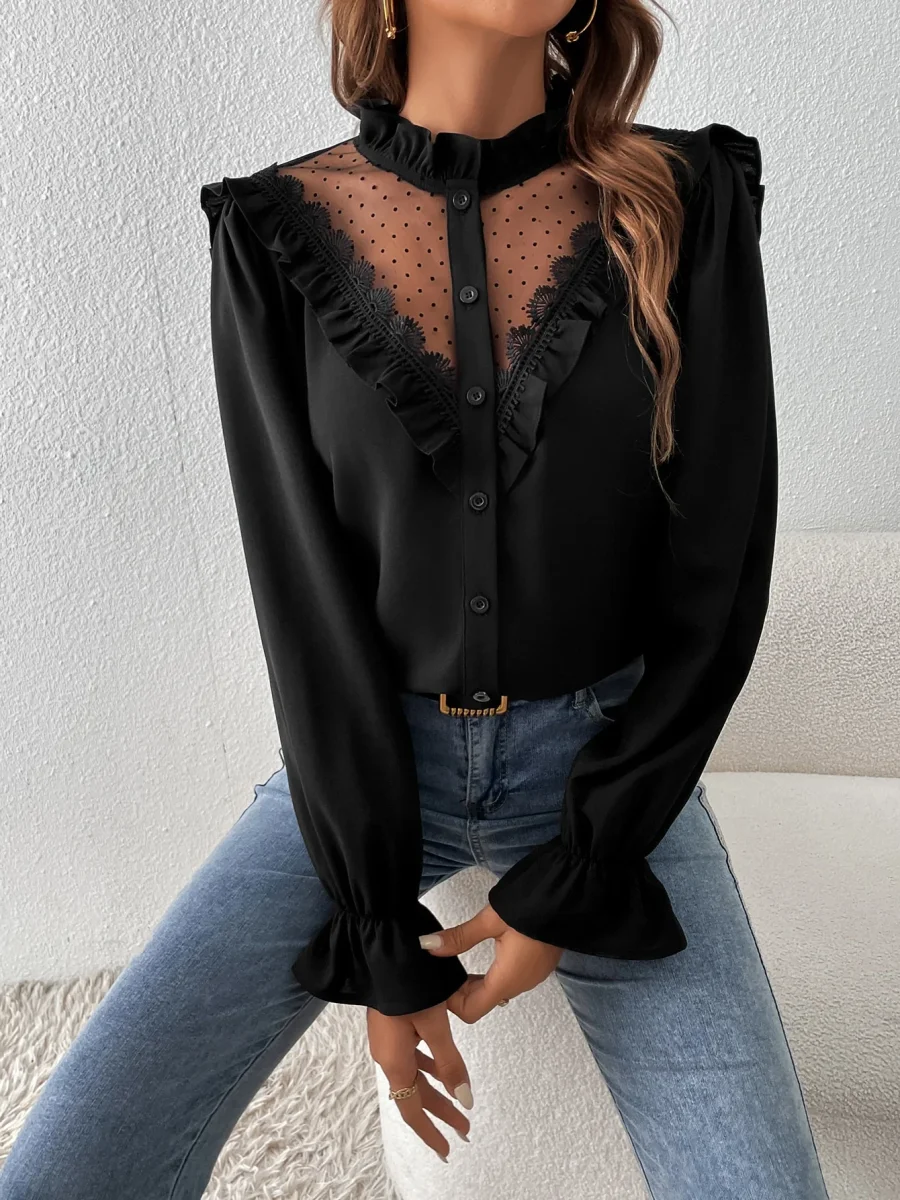 Camicetta in tulle manica a campana con bordo a volant