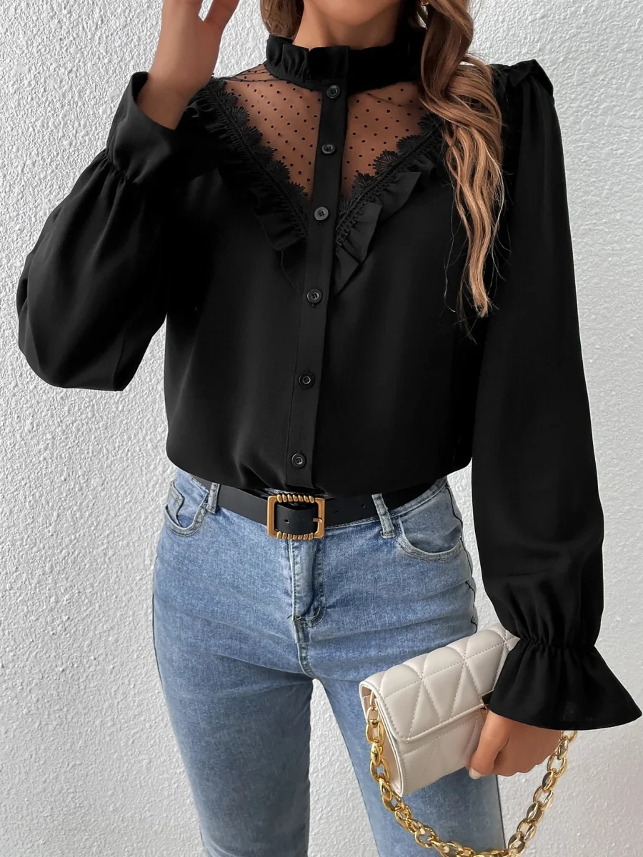 Camicetta in tulle manica a campana con bordo a volant - immagine 5