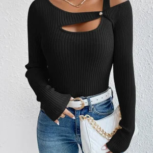 Maglione scollatura asimmetrica ritagliato davanti in maglia a coste