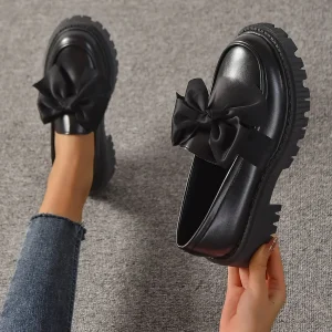 Mocassini Piattaforma Con Decorazione A Fiocco, Scarpe In Pelle Piccole Retrò Con Suola Spessa A Fiocco