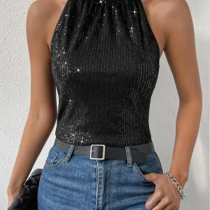 Top con nodo dietro accollato in paillettes