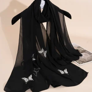 Sciarpa Elegante Decorata Con Farfalla Di Strass E Perle