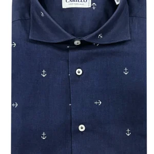 Camicia uomo sartoriale in lino maniche lunghe fantasia ancore