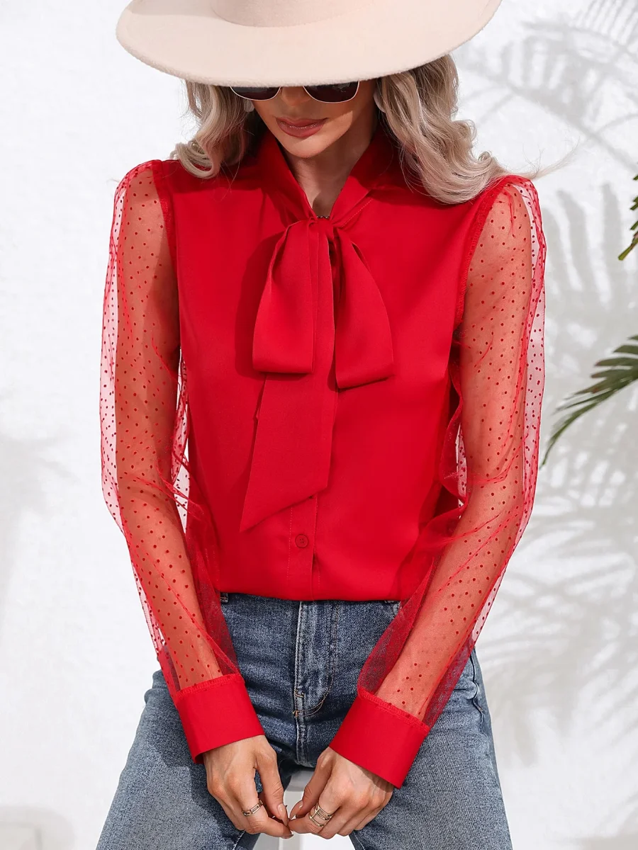 Camicetta contrasto a pois in maglia con collo quadrato - immagine 4