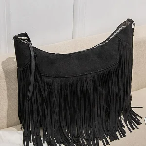 Borsa hobo medio decorato frange monocolore nero