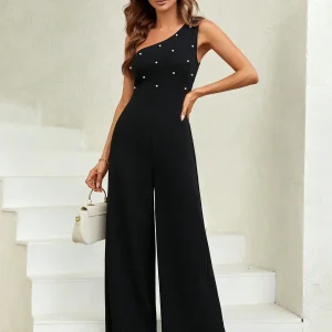 Jumpsuit gamba larga con perle monospalla