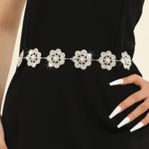 cintura a catena con decorazione floreale con strass