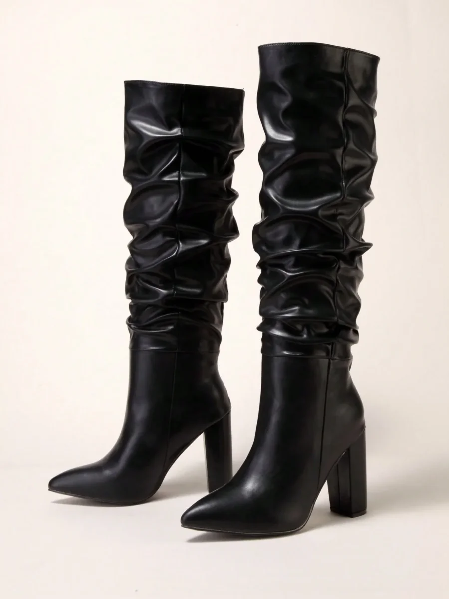 Stivali classici con zip laterale a punta tacco grosso altezza ginocchio - immagine 8