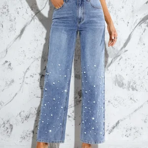 Jeans a gamba dritta con perle