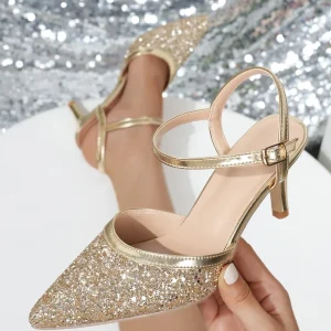 Scarpa Col Tacco Alto Con Punta Aperta Dorata Con Decorazioni Glitter