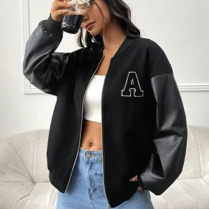 Giacca bomber con grafica lettera spalle cadenti con zip