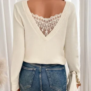 Maglione pizzo a contrasto con scollo a V