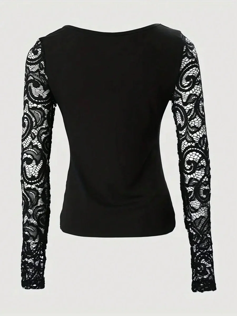 Maglietta collo a cuore manica in pizzo a contrasto - immagine 3