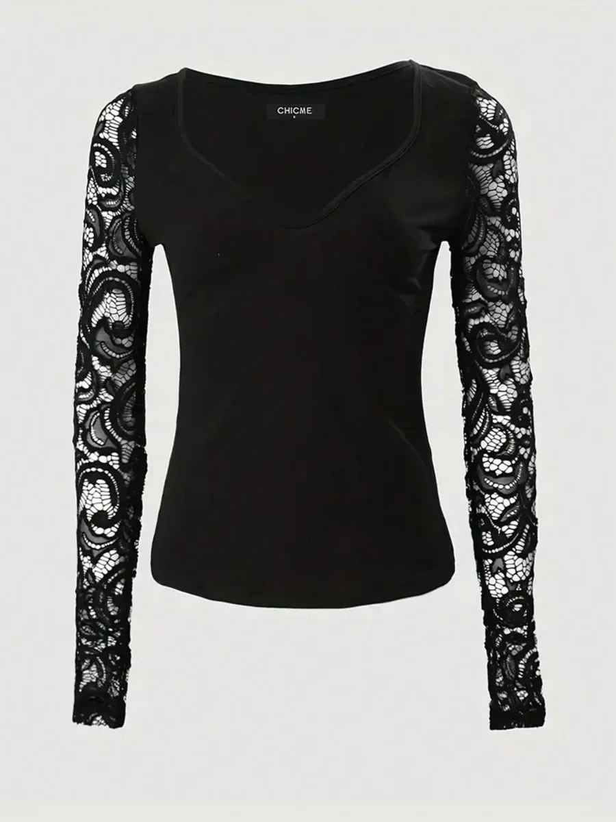 Maglietta collo a cuore manica in pizzo a contrasto - immagine 6