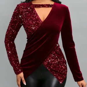 Maglietta scavato contorno incrociato paillettes