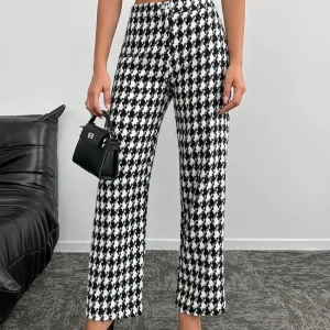 Pantaloni dritti con stampa pied de poule