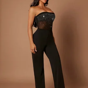 Jumpsuit a fascia dettaglio strass mesh corpetto