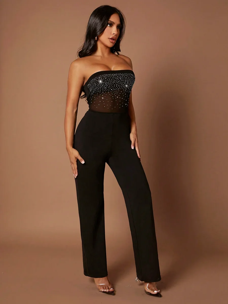 Jumpsuit a fascia dettaglio strass mesh corpetto - immagine 4