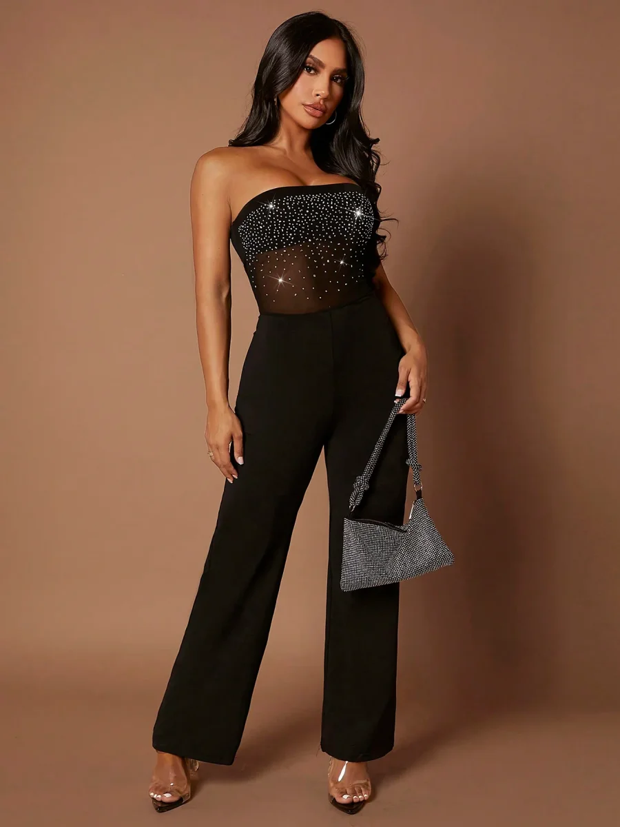Jumpsuit a fascia dettaglio strass mesh corpetto - immagine 5