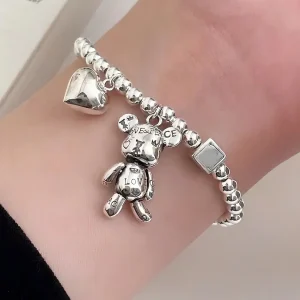 Braccialetto In Acciaio Inossidabile con charm cuore e orsacchiotto