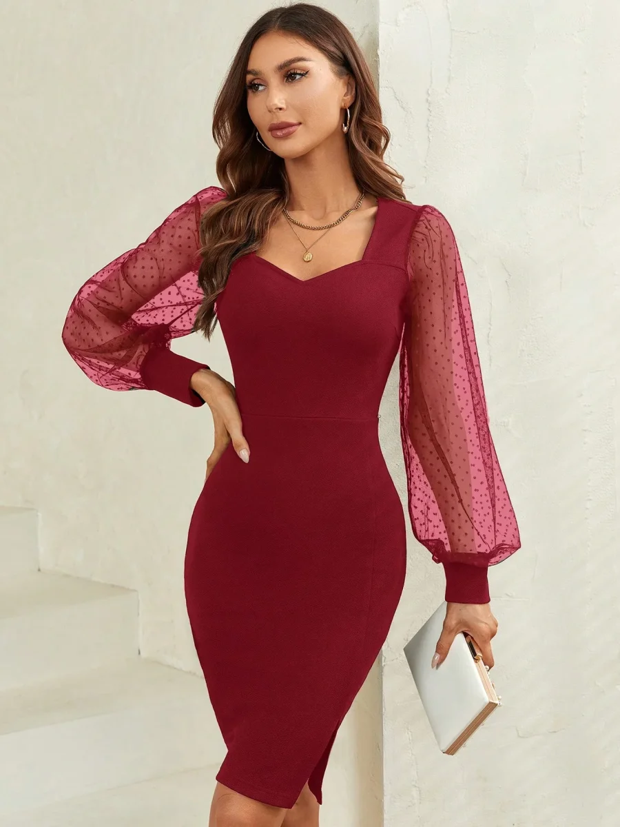 Abito aderente in tulle manica a lanterna orlo a fessura - immagine 4