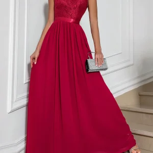 Abito formale pizzo a contrasto con scollo a V