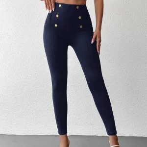 Pantaloni aderente vita alta dettaglio bottone