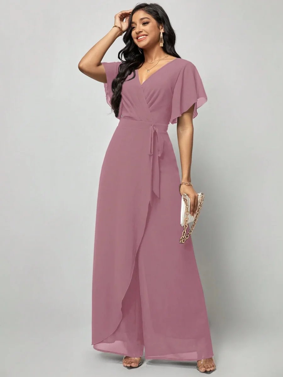 Jumpsuit gamba larga da donna manica a farfalla - immagine 4