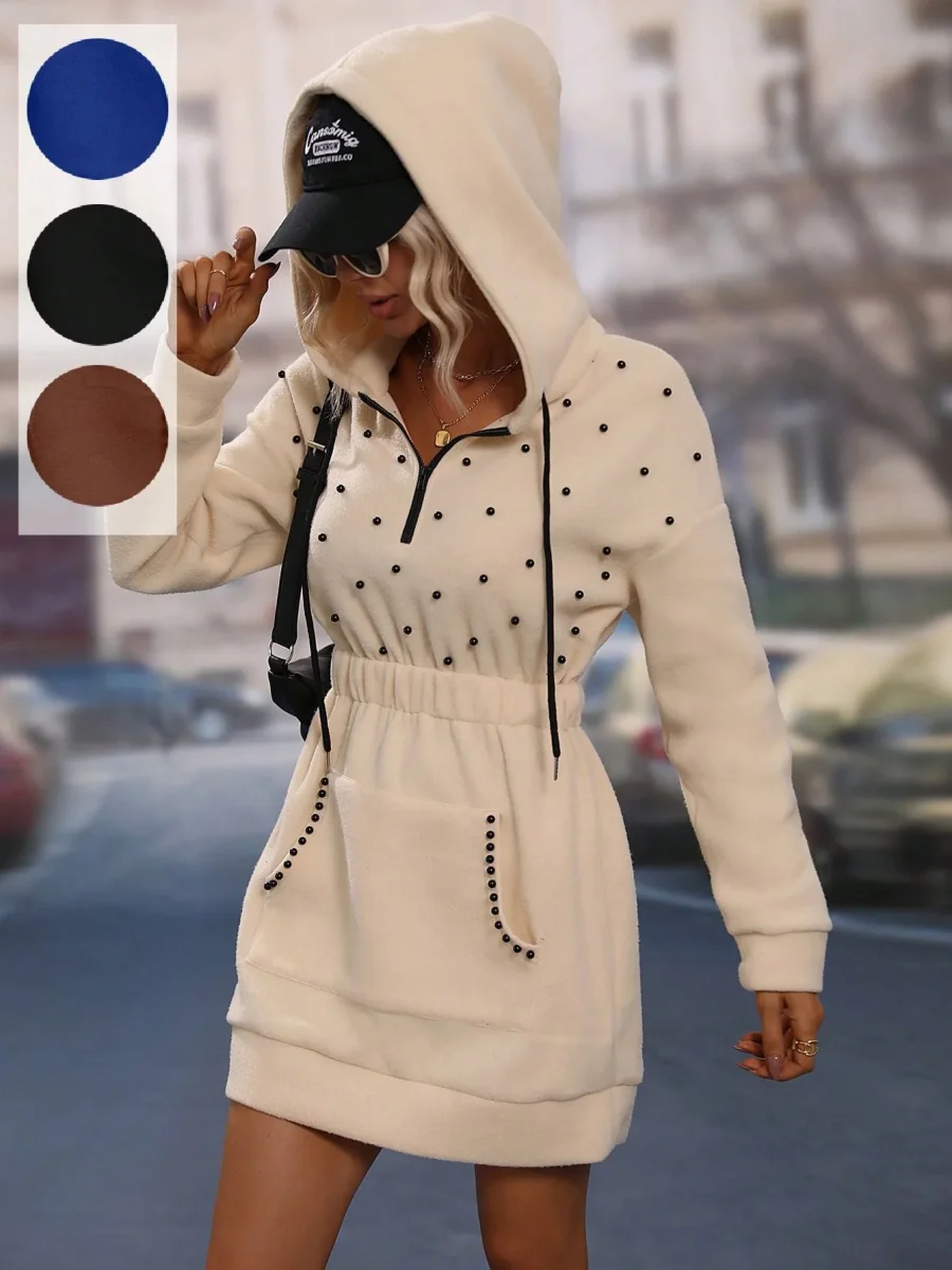 Abito con cappuccio con perline con vita elastica con coulisse - immagine 3