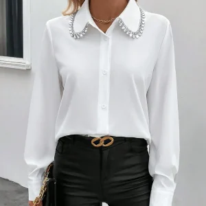 Camicia Da Donna A Tinta Unita Con Decorazioni In Strass