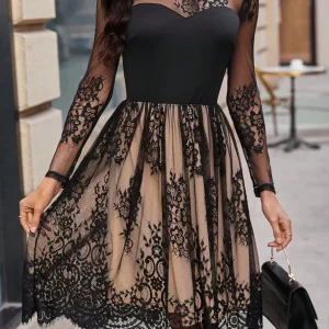 Abito Lunghezza Ginocchio Con Sovrapposizione Trasparente In Pizzo E Mesh