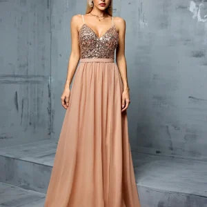 Abito elegante da cerimonia in chiffon corpetto pailliettes