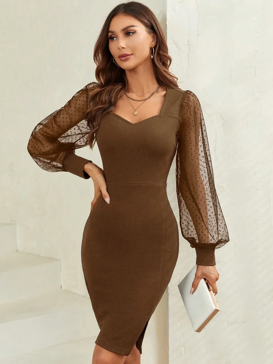 Abito aderente in tulle manica a lanterna orlo a fessura - immagine 8