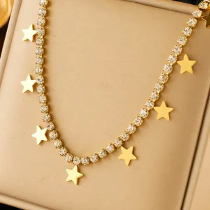 Collana stelle e strass in Acciaio Placcato In Oro