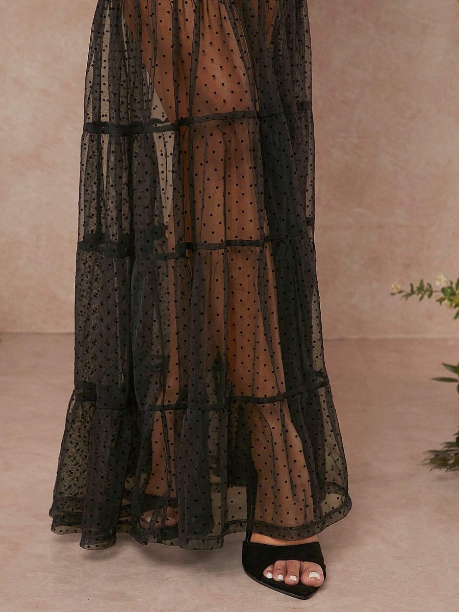 Vestito bustino in rete a pois e balze sull'orlo - immagine 7