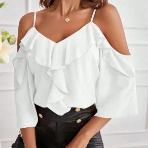 Top primaverile da donna con spalle scoperte tinta unita e rouches