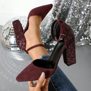 Scarpe Ecopelle scamosciata tacco grosso brillantinato