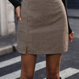 Gonna mini casual con spacco e motivo pied-de-poule