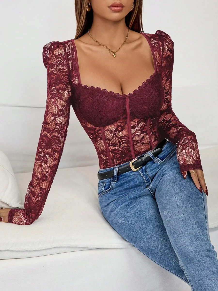 Body con maniche lunghe in pizzo - immagine 8