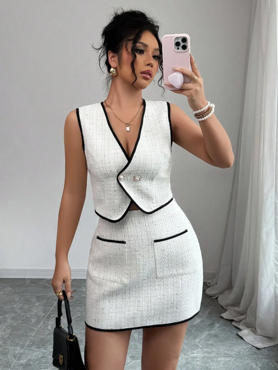 Completo tweed top smanicato con bordi a contrasto - immagine 9