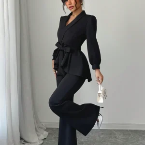 Completo Elegante giacca maniche a lanterna e pantaloni gamba ampia