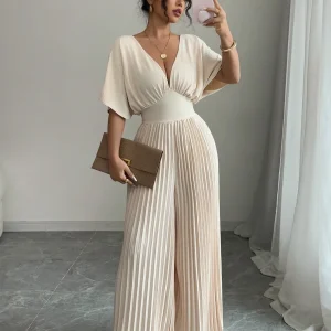 Tuta elegante scollo a V maniche a pipistrello plissettata