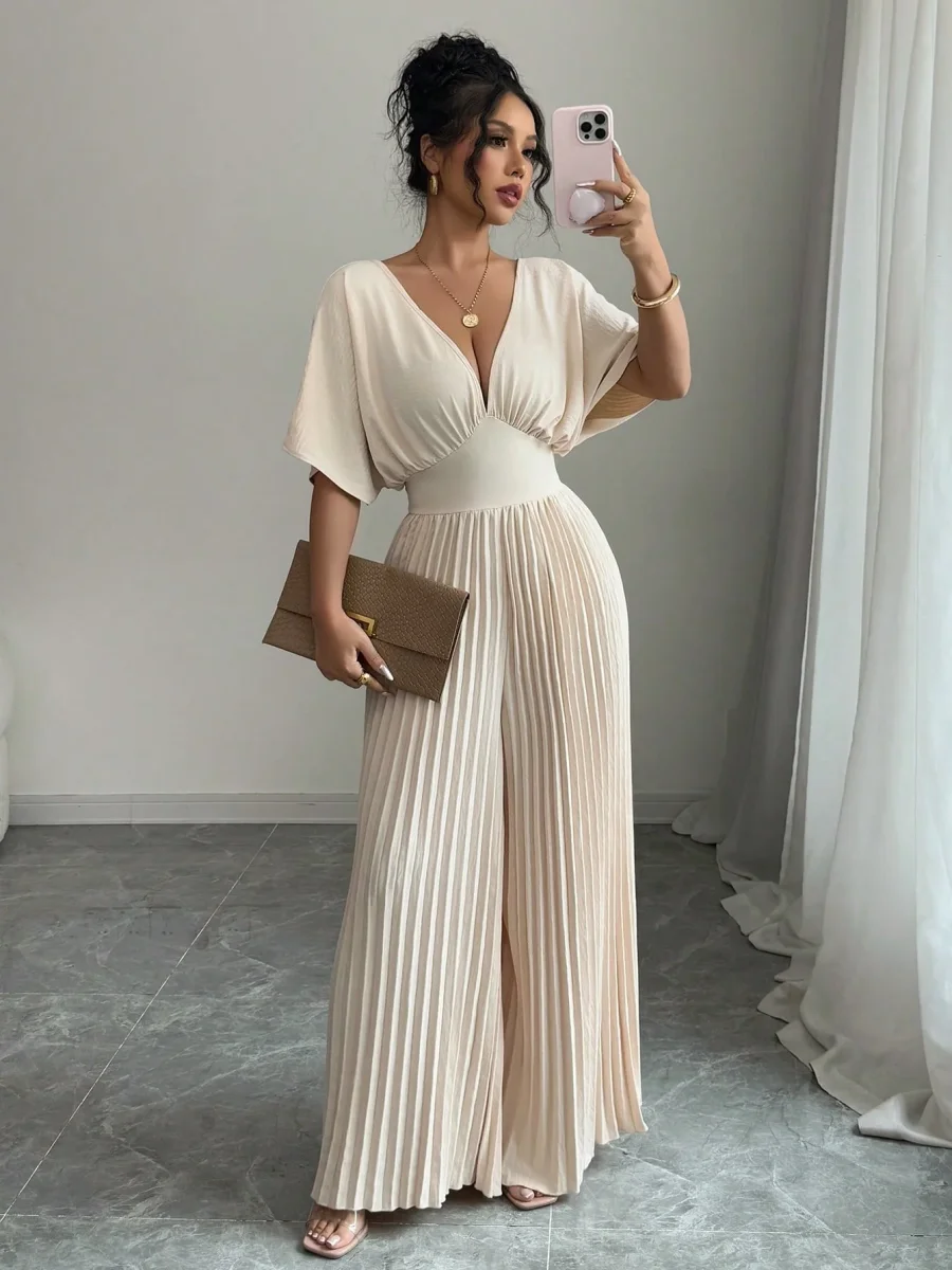 Tuta elegante scollo a V maniche a pipistrello plissettata