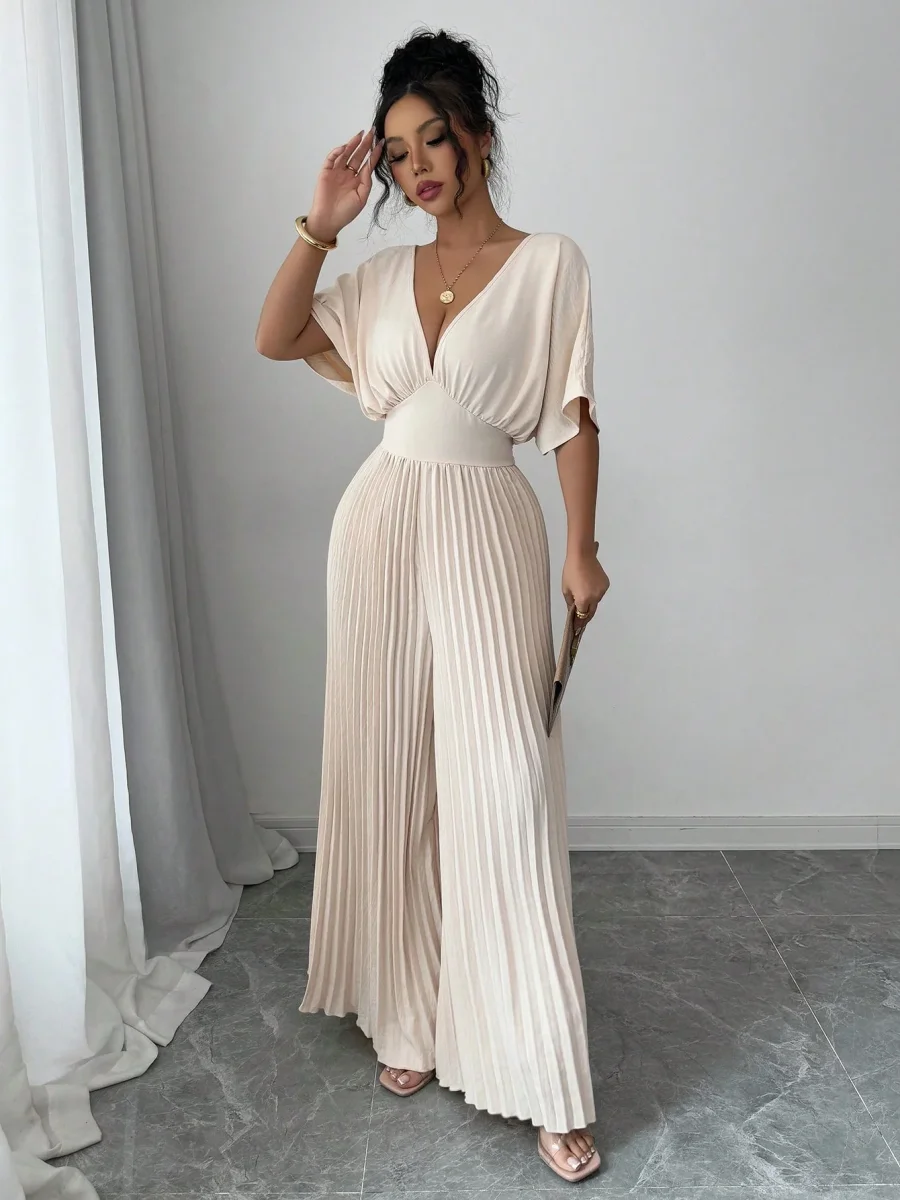Tuta elegante scollo a V maniche a pipistrello plissettata - immagine 6