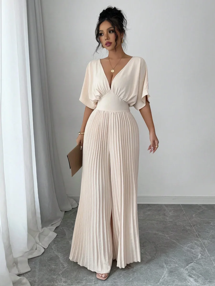 Tuta elegante scollo a V maniche a pipistrello plissettata - immagine 7