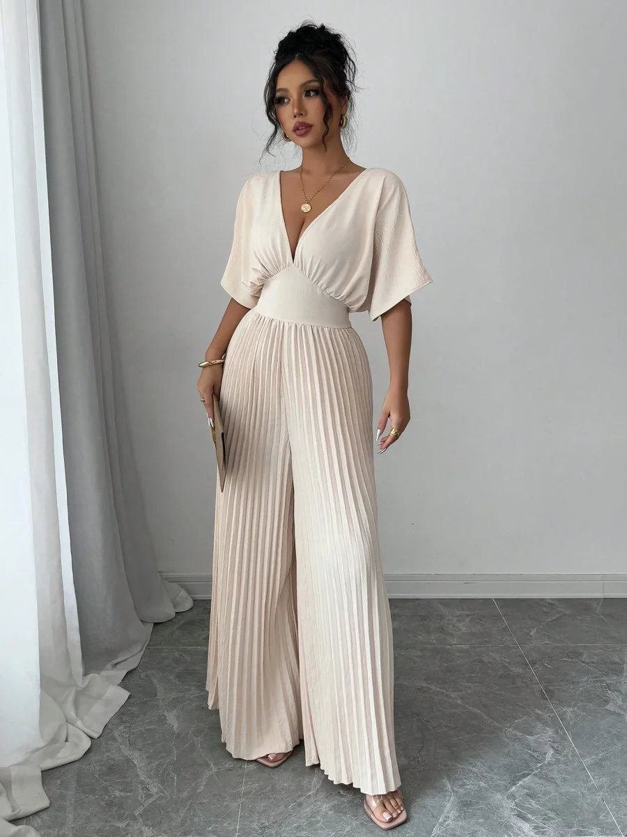 Tuta elegante scollo a V maniche a pipistrello plissettata - immagine 8