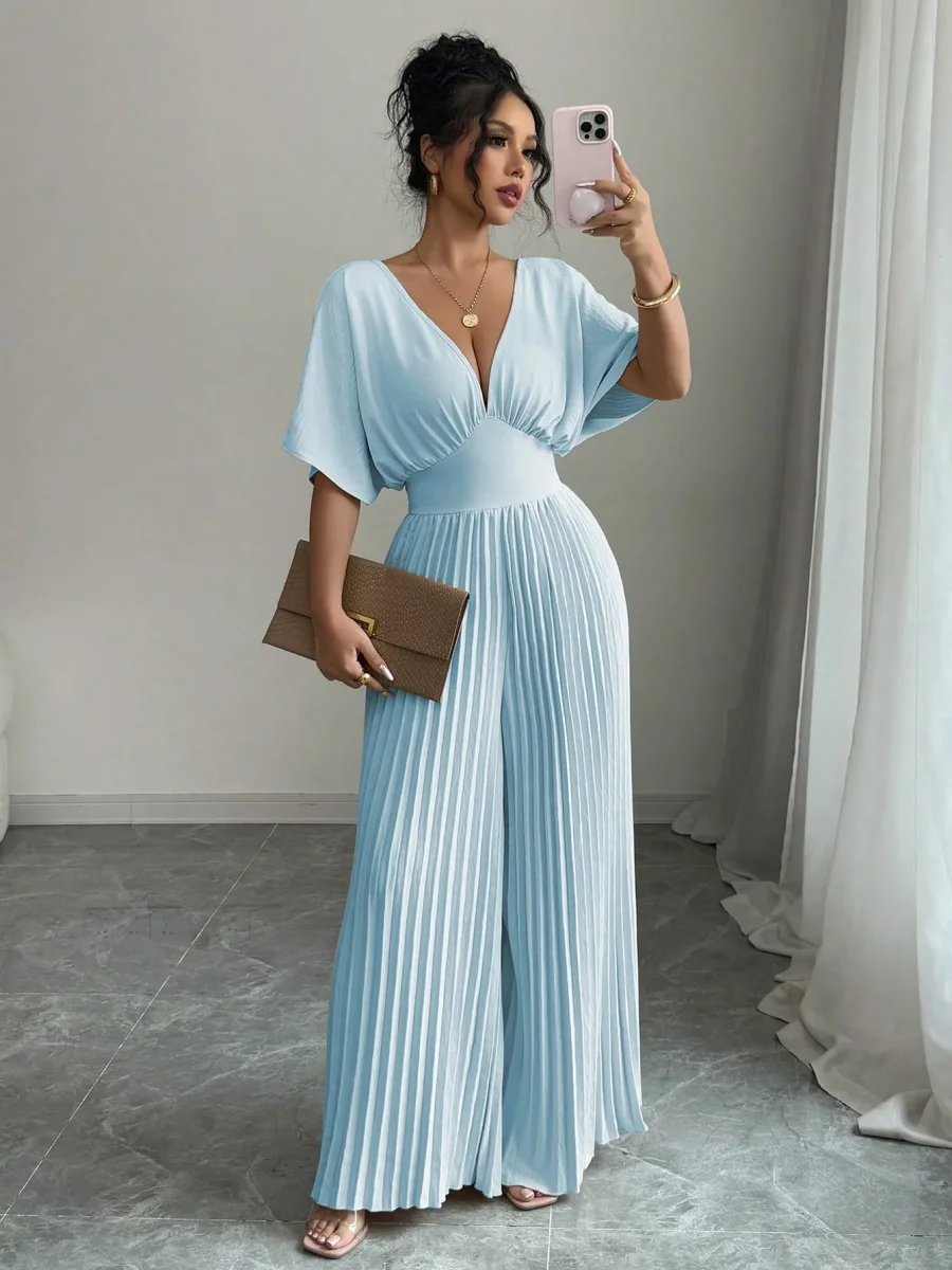 Tuta elegante scollo a V maniche a pipistrello plissettata - immagine 4